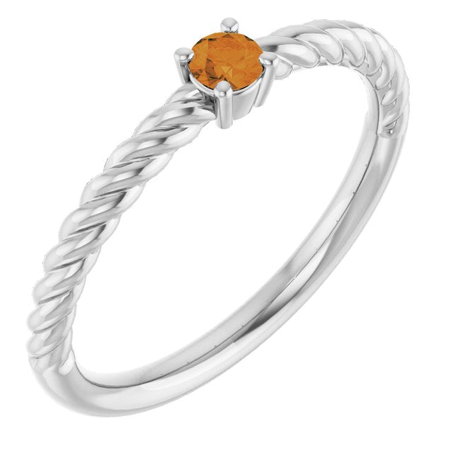 Sterling Silver 3mm Natural Citrine Solitaire Rope Ring