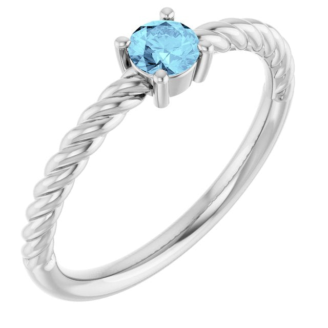 Platinum 4mm Natural Aquamarine Solitaire Rope Ring