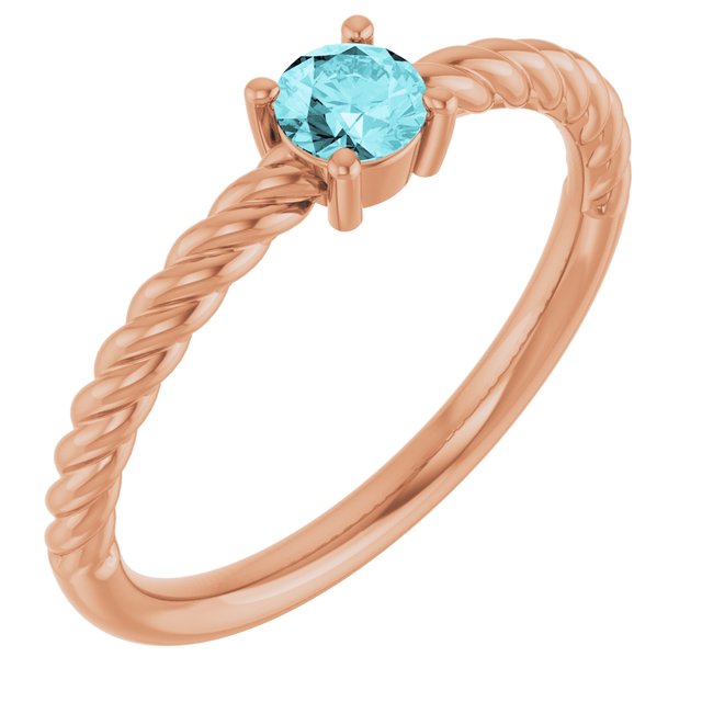 14K Rose 4mm Natural Blue Zircon Solitaire Rope Ring