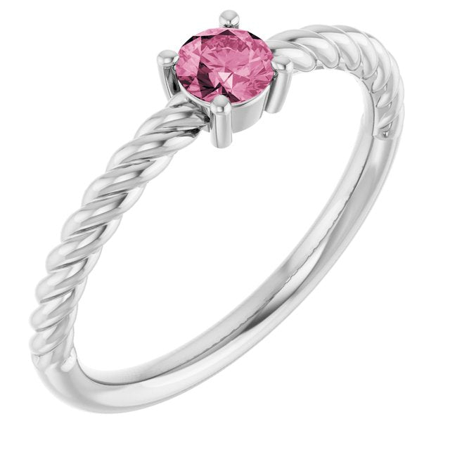 Sterling Silver 4mm Natural Pink Tourmaline Solitaire Rope Ring