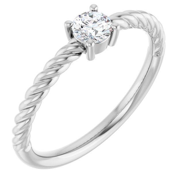 14K White 4 mm Natural White Sapphire Solitaire Rope Ring