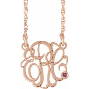 14K Rose 20 mm 3-Initials Imitation Pink Tourmaline Script Monogram 18" Necklace