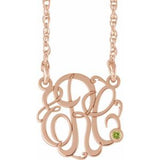14K Rose Gold-Plated Sterling Silver 30 mm 3-Initials Imitation Peridot Script Monogram 18" Necklace