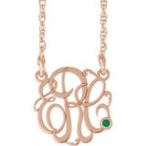 14K Rose Gold-Plated Sterling Silver 25 mm 3-Initials Imitation Emerald Script Monogram 18" Necklace