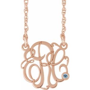14K Rose 30 mm 3-Initials Imitation Aquamarine Script Monogram 18" Necklace