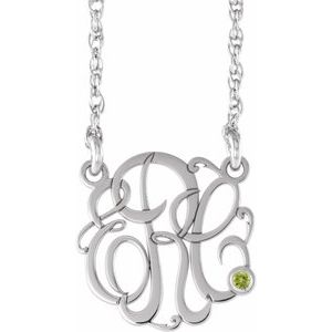 14K White 30 mm 3-Initials Imitation Peridot Script Monogram 18" Necklace
