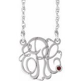 10K White 25 mm 3-Initials Imitation Mozambique Garnet Script Monogram 18" Necklace