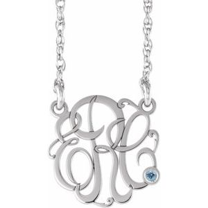10K White 20 mm 3-Initials Imitation Aquamarine Script Monogram 18" Necklace