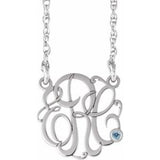 10K White 30 mm 3-Initials Imitation Aquamarine Script Monogram 18" Necklace