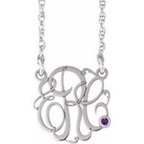 Rhodium-Plated Sterling Silver 20 mm 3-Initials Imitation Amethyst Script Monogram 18" Necklace