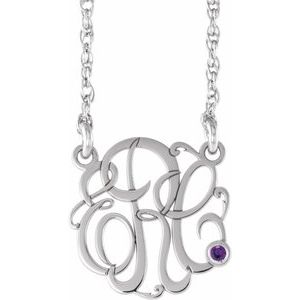 Rhodium-Plated Sterling Silver 20 mm 3-Initials Imitation Amethyst Script Monogram 18" Necklace