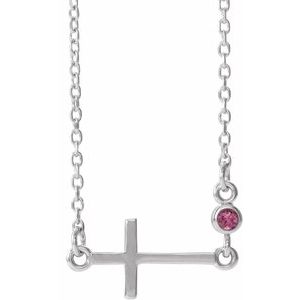 14K White Natural Pink Tourmaline Sideways Cross 16-18" Necklace