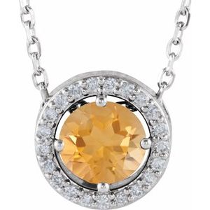14K White Natural Citrine &amp; .05 CTW Natural Diamond Halo-Style 16" Necklace