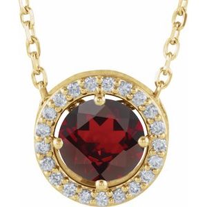 14K Yellow Natural Mozambique Garnet &amp; .05 CTW Natural Diamond Halo-Style 16" Necklace