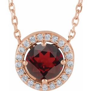 14K Rose Natural Mozambique Garnet &amp; .05 CTW Natural Diamond Halo-Style 16" Necklace