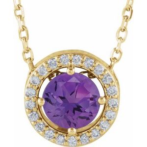 14K Yellow Natural Amethyst &amp; .05 CTW Natural Diamond Halo-Style 16" Necklace