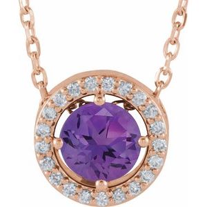 14K Rose Natural Amethyst &amp; .05 CTW Natural Diamond Halo-Style 16" Necklace