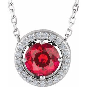 14K White Lab-Grown Ruby &amp; .05 CTW Natural Diamond Halo-Style 16" Necklace