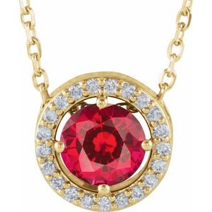14K Yellow Lab-Grown Ruby &amp; .05 CTW Natural Diamond Halo-Style 16" Necklace