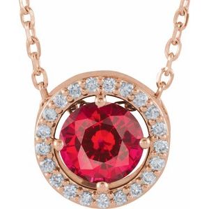 14K Rose Lab-Grown Ruby &amp; .05 CTW Natural Diamond Halo-Style 16" Necklace