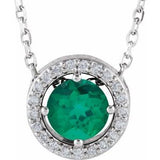 14K White Lab-Grown Emerald &amp; .05 CTW Natural Diamond Halo-Style 16" Necklace