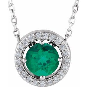 14K White Lab-Grown Emerald &amp; .05 CTW Natural Diamond Halo-Style 16" Necklace