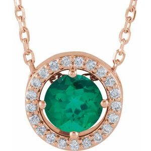 14K Rose Lab-Grown Emerald &amp; .05 CTW Natural Diamond Halo-Style 16" Necklace