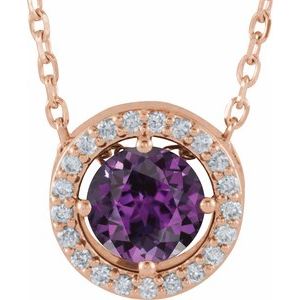 14K Rose Lab-Grown Alexandrite &amp; .05 CTW Natural Diamond Halo-Style 16" Necklace