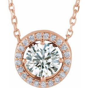 14K Rose Natural White Sapphire &amp; .05 CTW Natural Diamond Halo-Style 16" Necklace