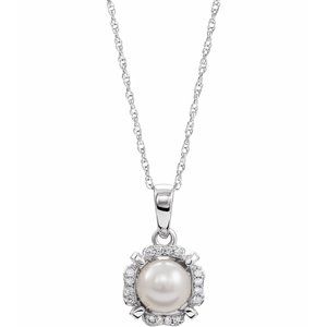 14K White Cultured White Freshwater Pearl &amp; .04 CTW Natural Diamond 18" Necklace