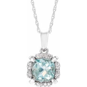 14K White Natural Aquamarine &amp; .04 CTW Natural Diamond 18" Necklace