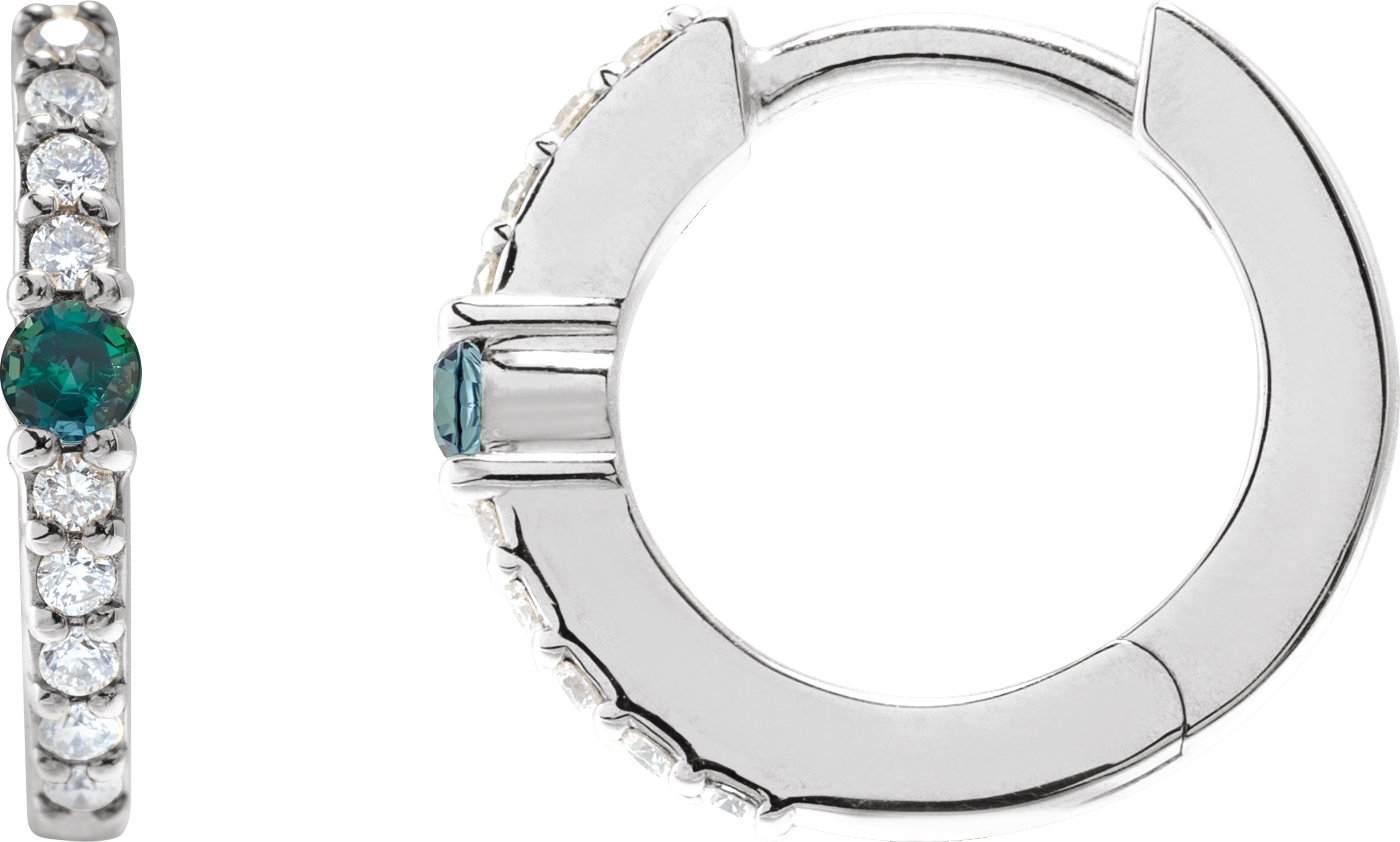 88567 / Earring / Set / Platinum / Natural Alexandrite / Round / 13.6 Mm / 2 Mm / 2Mm :: 1/8 Ctw / Si2-Si3, GH / Pair / Hinged / Polished / Natural Alexandrite And 1/8 Ctw Natural Diamond Huggie Earrings