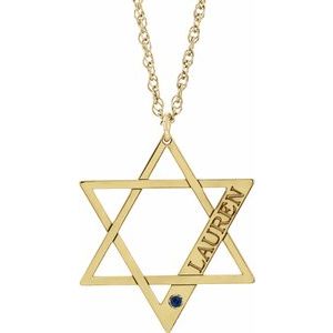 14K Yellow Personalized Imitation Blue Sapphire Star of David 18" Necklace