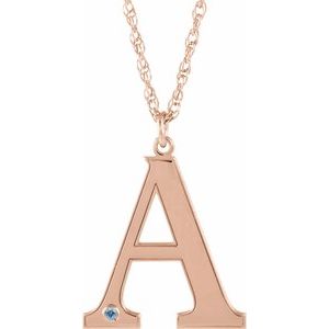 14K Rose Engravable Imitation Aquamarine Initial A 18" Necklace