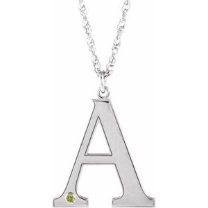 14K White Engravable Imitation Peridot Initial A 18" Necklace