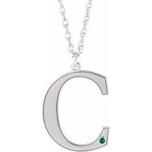 14K White Engravable Imitation Emerald Initial C 18" Necklace