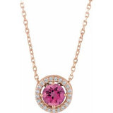 14K Rose Natural Pink Tourmaline &amp; .05 CTW Natural Diamond Halo-Style 16" Necklace