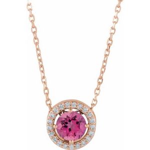 14K Rose Natural Pink Tourmaline &amp; .05 CTW Natural Diamond Halo-Style 16" Necklace