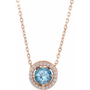 14K Rose Natural Aquamarine &amp; .05 CTW Natural Diamond Halo-Style 16" Necklace