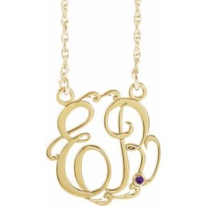 10K Yellow 20 mm 2-Initials Imitation Amethyst Script Monogram 18" Necklace