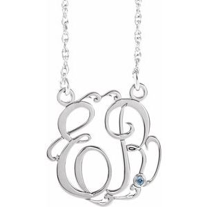 14K White 20 mm 2-Initials Imitation Aquamarine Script Monogram 18" Necklace