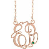 14K Rose Gold-Plated Sterling Silver 20 mm 2-Initials Imitation Emerald Script Monogram 18" Necklace
