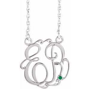 10K White 20 mm 2-Initials Imitation Emerald Script Monogram 18" Necklace