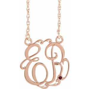 14K Rose Gold-Plated Sterling Silver 20 mm 2-Initials Imitation Mozambique Garnet Script Monogram 18" Necklace