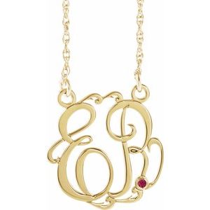 14K Yellow Gold-Plated Sterling Silver 20 mm 2-Initials Imitation Ruby Script Monogram 18" Necklace