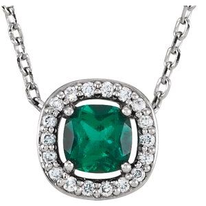14K White Lab-Grown Emerald &amp; .05 CTW Natural Diamond 16" Necklace