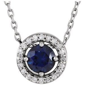 14K White Natural Blue Sapphire &amp; .05 CTW Natural Diamond Halo-Style 16" Necklace