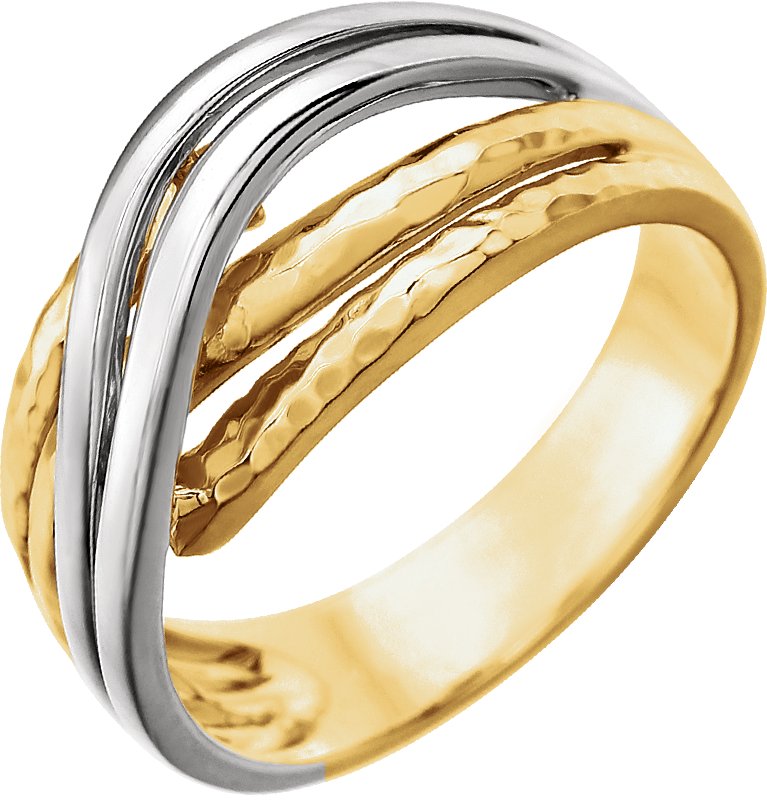 14K Yellow Gold/White Rhodium-Plated Criss-Cross Hammered Ring