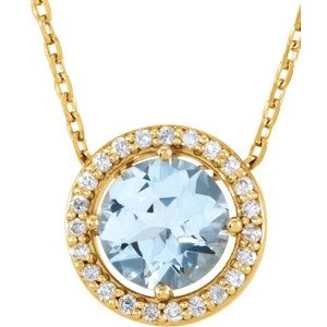 14K Yellow Natural Aquamarine &amp; .06 CTW Natural Diamond Semi-Set Halo-Style 16" Necklace