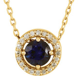 14K Yellow Gold Natural Blue Sapphire & .05 CTW Natural Diamond Halo-Style 16" Necklace